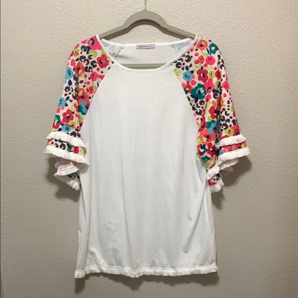 Cellabie Colorful Floral Sleeve Women's Top Size XL